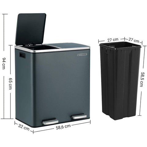 Rootz Trash Can Waste Separation 60 Liter - Trash Cans - Gray - 58.6 x 32 x 65 CM