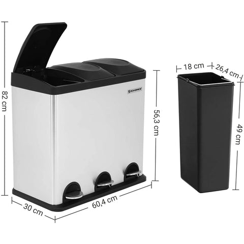 Rootz 54L Trash Can - Pedal Bin - 3 Inner Bins - Waste Separation - White-Black