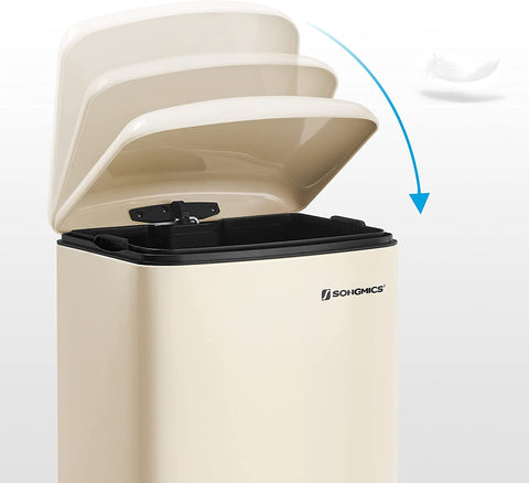 Rootz Trash Can - Pedal Bin - 30L - Steel - Inner Bucket - Soft Close - Airtight - Cream White - 34 x 25 x 61.5 cm
