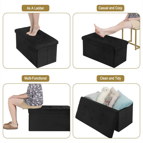 Rootz Opbergbank - Poef - Zitkist - Fluwelen Kruk - Meubelkoffer - Gestoffeerde Box - Zwart - 76x37,5x38 cm