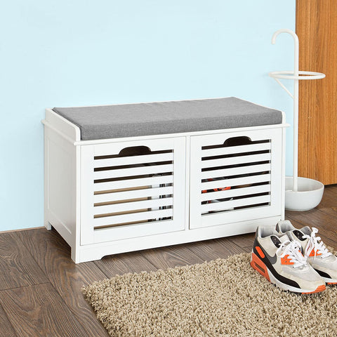 Rootz White Storage Bench with 2 Drawers & Removable Seat Cushion - Shoe Cabinet Shoe Bench