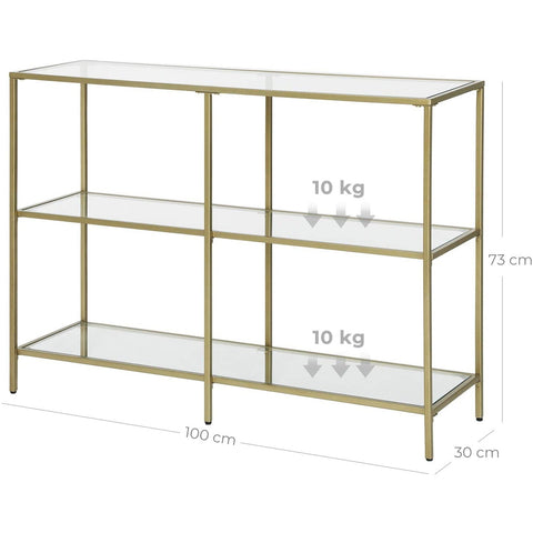 Rootz Console Table - Side Table - 3 Shelves - Storage Rack - Glass - Metal - Gold - 100 x 30 x 73 c