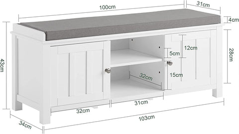 Rootz Shoe Storage Bench with 2 Doors & Removable Seat Cushion - Shoe Cabinet - White