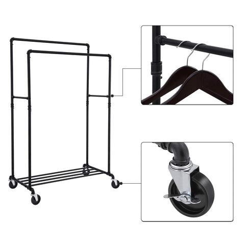 Rootz Coat rack - Clothes rail - Coat stand with 2 clothes rails and shelf - Loadable up to 110 kg - Industrial design - For bedroom and dressing room - Black