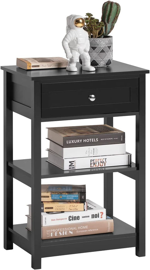 Rootz Side Table - End Table - Coffee Tables - Lamp Table - Bedside Table - Night Stand with 1 Drawer and 2 Shelves - Black