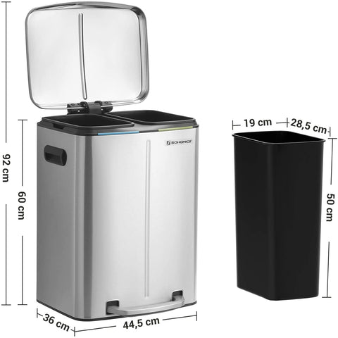 Rootz Mülleimer – Mülltrennung – 40 l – Treteimer – Metall – Griffe – Softclose – Silber – 44,5 x 36 x 60 cm 