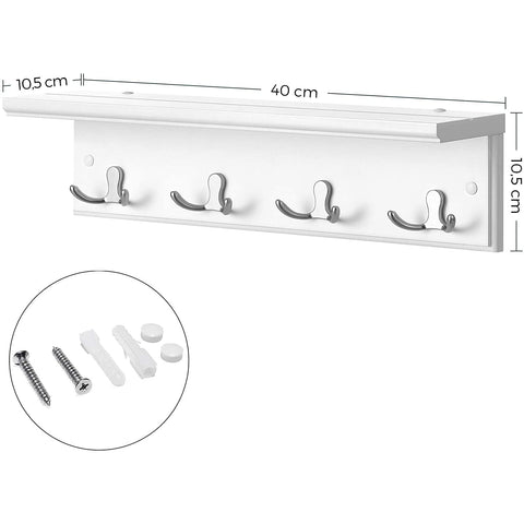 Rootz Wall Coat Rack - Wardrobe - 4 Double Hooks - Wall Coat Rack - MDF - White - 40 x 10.5 x 10.5 cm