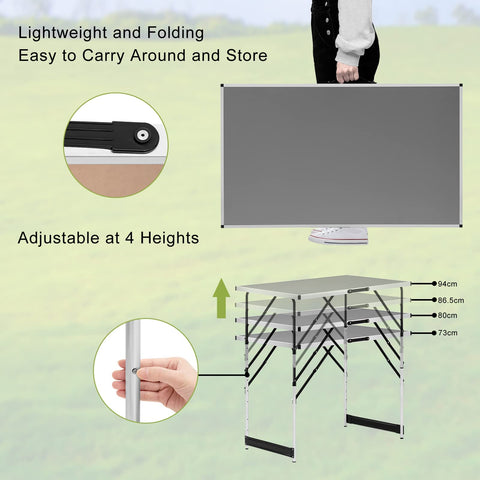 Rootz Camping Table - Folding Desk - Portable Workstation - Outdoor Stand - Garden Surface - Picnic Counter - Event Platform - Gray - 100x73-94x60cm