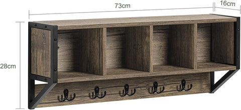 Rootz WallCoat Rack - Wall Shelf Hook - Rack with 4 Compartments and 5 Hooks - W73 x D16 x H28cm