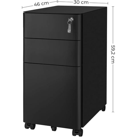 Rootz Scottsbluff File Cabinet - Roll Container - Drawer Cabinet - Wheels - Lock - Documents - Letter Format - Suspension File - Black - Steel - 30 x 46 x 59.2 cm