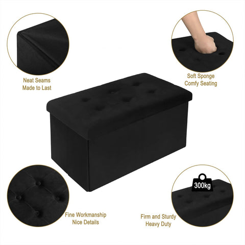 Rootz Opbergbank - Poef - Zitkist - Fluwelen Kruk - Meubelkoffer - Gestoffeerde Box - Zwart - 76x37,5x38 cm