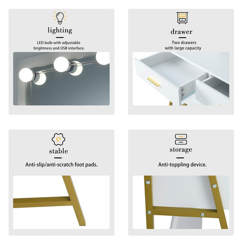 Rootz Dressing Table - Vanity Desk - Makeup Stand - Cosmetic Organizer - Beauty Station - Illuminated Console - Makeup Table - White - 90x153x40 cm