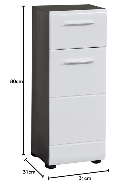 Rootz Bathroom Cabinet - Storage Chest - Vanity Unit - Washroom Drawer - Bathroom Organizer - Furniture Piece - White High Gloss/Smoky Silver - 30x80x31 cm