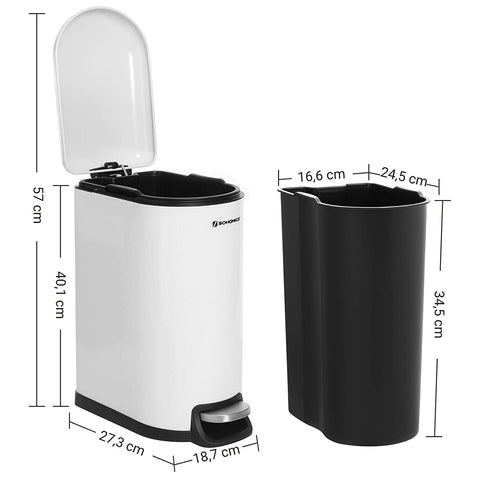 Rootz Trash Can - 10 L - Pedal Bin - Inner Bucket - Soft Close - Waste Bin - White - Steel - Plastic - 18.7 x 27.3 x 40.1 cm