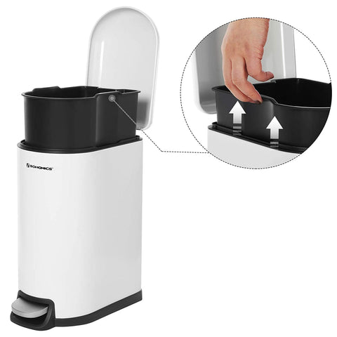 Rootz Trash Can - 10 L - Pedal Bin - Inner Bucket - Soft Close - Waste Bin - White - Steel - Plastic - 18.7 x 27.3 x 40.1 cm