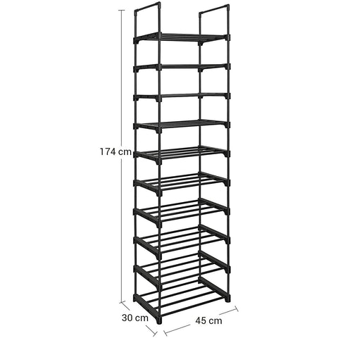 Rootz Storage Rack - 10 Levels - Shoe Cabinet - Shoe Rack - 45 x 30 x 174 cm - Black