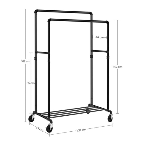 Rootz Coat rack - Clothes rail - Coat stand with 2 clothes rails and shelf - Loadable up to 110 kg - Industrial design - For bedroom and dressing room - Black