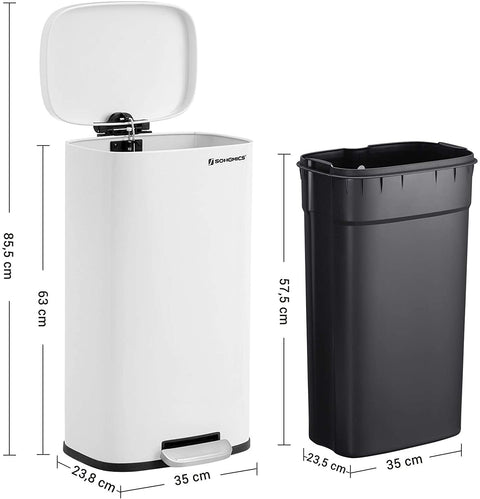 Rootz Trash can - 30L - Pedal bin - Waste bin - Inner bucket - Hinged lid - Softclose - White - 35 x 23.8 x 63 cm