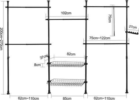 Rootz verstelbare kledingkastorganizer - kledingreksysteem ophangrail - telescopische opbergrekken