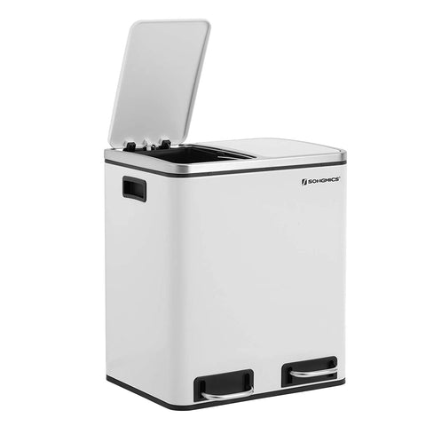 Rootz Trash Can - 30 L - Pedal Bin - Inner Bin - 2x 15 L - Metal - White - Waste Separation - Soft Close - Airtight - 41 x 36 x (47-73.5) cm