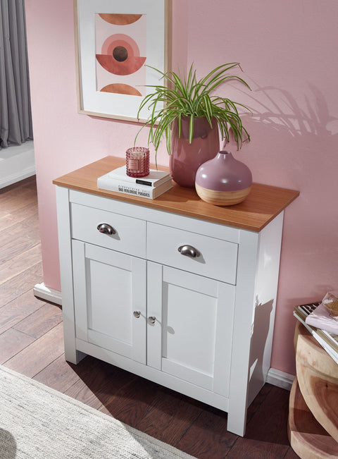 Rootz Sideboard - Modern Chest of Drawers with 2 Drawers - Design High Sideboard with Doors - Living Room Storage - White Oak  - 79x81x34.5 cm