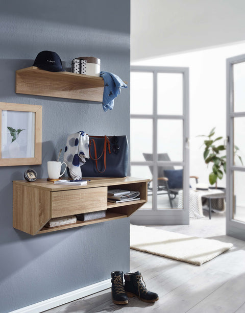 Rootz Hanging Cabinet with Wall Shelf Sonoma Oak - Design Floating Shelf 75 cm - Wall Cabinet with Drawer - Upper Cabinet for Hallway or Living Room