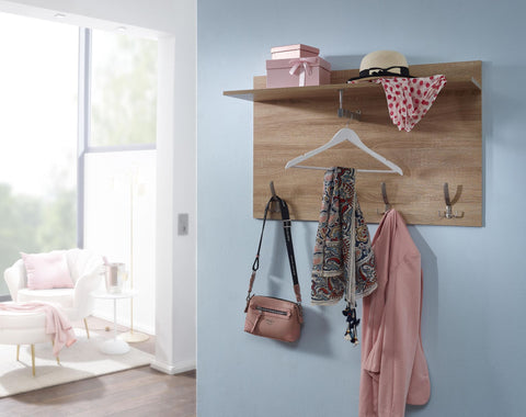 Rootz Wall Coat Rack - Design Hall Coat Rack with Shelf and Clothes Rail - Wardrobe Wall - Hallway Coat Rack - Sonoma Oak - 80x60x29.5 cm