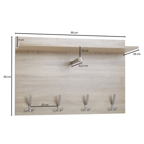 Rootz Wall Coat Rack - Design Hall Coat Rack with Shelf and Clothes Rail - Wardrobe Wall - Hallway Coat Rack - Sonoma Oak - 80x60x29.5 cm