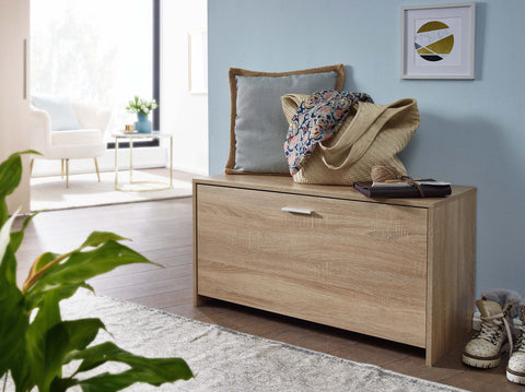 Rootz Bench - Shoe Cabinet with Seat - Small Closed Shoe Rack - Hallway Bench with Storage - Sonoma Oak - 90x48.5x38.5 cm