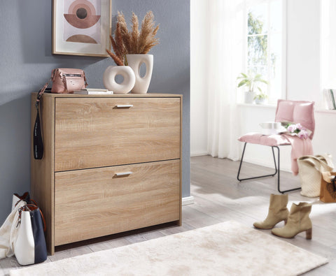 Rootz Shoe Cabinet - 4 Compartment Shoe Rack - Design Wood Shoe Chest with Shelf - High Shoe Storage Chest of Drawers - Sonoma Oak - 90x89.5x39 cm