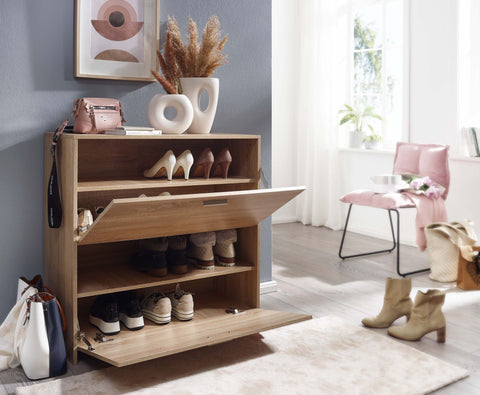 Rootz Shoe Cabinet - 4 Compartment Shoe Rack - Design Wood Shoe Chest with Shelf - High Shoe Storage Chest of Drawers - Sonoma Oak - 90x89.5x39 cm