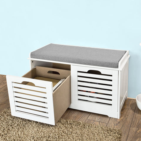 Rootz White Storage Bench with 2 Drawers & Removable Seat Cushion - Shoe Cabinet Shoe Bench