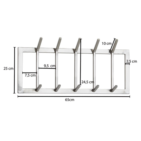 Rootz Wall Coat Rack - Metal Silver - Design Hallway Coat Rack Steel - Hook Rail Wall Panel - Wardrobe Wall - 65x30x10 cm
