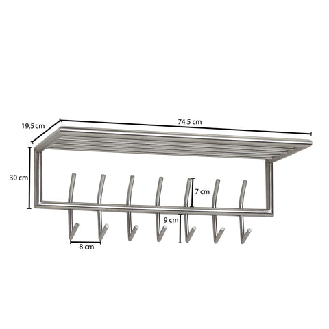 Rootz Silver Metal Wall Coat Rack with Shelf - Stylish Hallway Organizer - Hat Shelf and Hook Rail for Efficient Storage