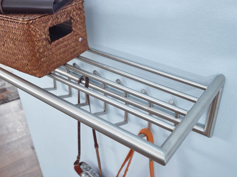 Rootz Silver Metal Wall Coat Rack with Shelf - Stylish Hallway Organizer - Hat Shelf and Hook Rail for Efficient Storage