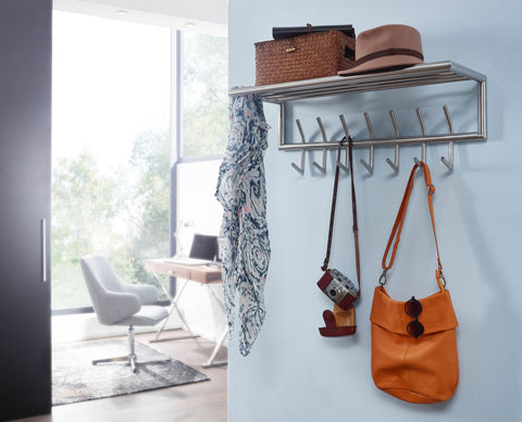 Rootz Silver Metal Wall Coat Rack with Shelf - Stylish Hallway Organizer - Hat Shelf and Hook Rail for Efficient Storage