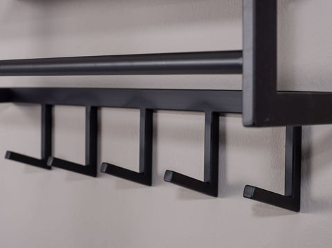 Rootz Metal Wall Coat Rack with Shelf - Stylish Black Hallway Organizer - Hat Rack and Hook Rail for Efficient Storage