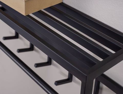 Rootz Metal Wall Coat Rack with Shelf - Stylish Black Hallway Organizer - Hat Rack and Hook Rail for Efficient Storage