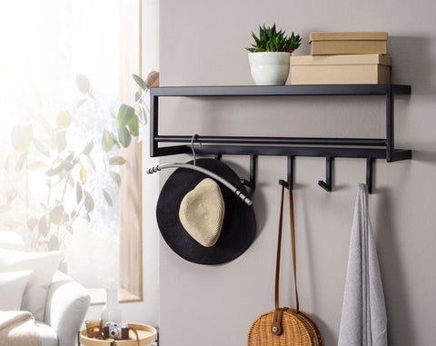 Rootz Metal Wall Coat Rack with Shelf - Stylish Black Hallway Organizer - Hat Rack and Hook Rail for Efficient Storage