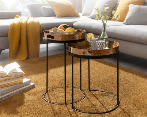 Runder Couchtisch von Rootz – Set mit 2 Satztischen aus goldschwarzem Metall mit Hammerschlag-Finish – runder Couchtisch mit abnehmbarem Tablett – moderner 2-teiliger Sofatisch mit Tablett