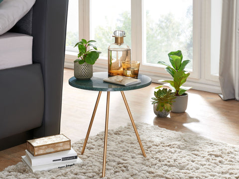 Rootz Beistelltisch – echter Marmor grün – Metall gold – kleiner runder Dreibein-Couchtisch – moderner Wohnzimmertisch – hoher Couchtisch – 38 x 38 x 44 cm