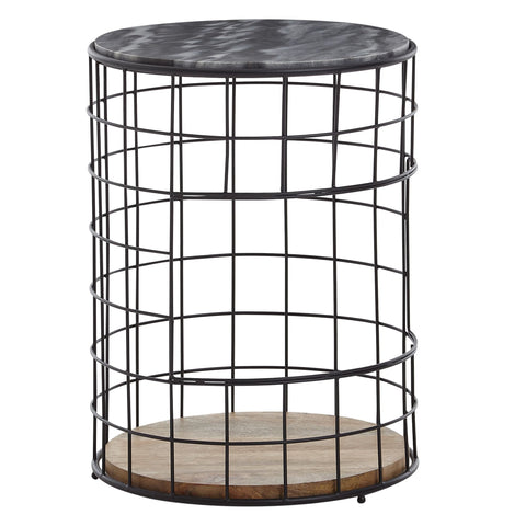 Rootz Bijzettafel - Marmeren Blad Hout-Metalen Mand - Rond Design met Opbergruimte - Moderne Zwarte Woonkamertafel - Bijzettafel - 38x38x50 cm