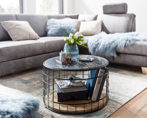 Rootz Couchtisch – Holz-Metallkorb mit Marmorplatte – rundes Design mit Stauraum – moderner schwarzer Wohnzimmertisch – Beistelltisch – 60,5 x 60,5 x 37 cm