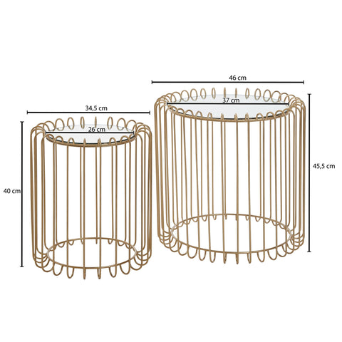Rootz Set mit 2 Beistelltischen aus goldenem Korbgeflecht – runde Satztische aus Metall und Glas – moderne Wohnzimmertische mit Stauraum – abnehmbare Tischplatten – Couchtisch-Set