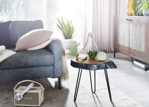 Rootz Bijzettafel van acaciahout - Industriële metalen poten - Boomrandontwerp - Massieve salontafel met haarspeldpoten - Kleine tafel voor woonkamer - 40x40x32cm