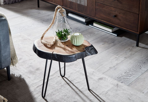Rootz Bijzettafel van acaciahout - Industriële metalen poten - Boomrandontwerp - Massieve salontafel met haarspeldpoten - Kleine tafel voor woonkamer - 40x40x32cm
