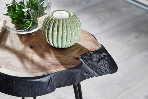 Rootz Bijzettafel van acaciahout - Industriële metalen poten - Boomrandontwerp - Massieve salontafel met haarspeldpoten - Kleine tafel voor woonkamer - 40x40x32cm