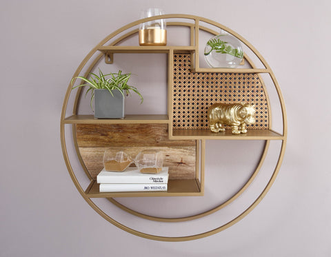 Rootz Rattan Wall Shelf - Solid Wood and Metal - Industrial Hanging Shelf - Round Wall-mounted Shelf - Open Living Room Shelving -  62x62x17 cm