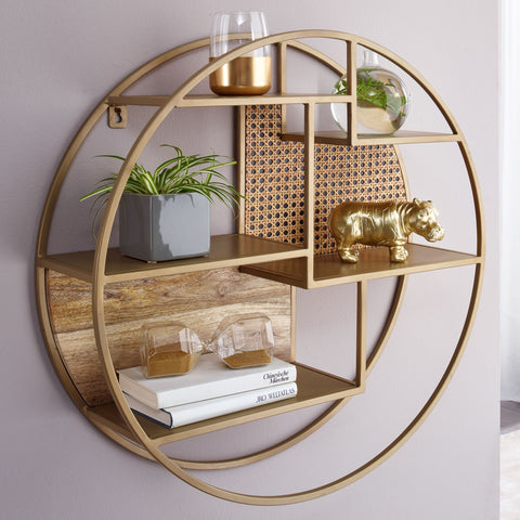 Rootz Rattan Wall Shelf - Solid Wood and Metal - Industrial Hanging Shelf - Round Wall-mounted Shelf - Open Living Room Shelving -  62x62x17 cm