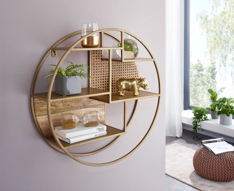Rootz Rattan Wall Shelf - Solid Wood and Metal - Industrial Hanging Shelf - Round Wall-mounted Shelf - Open Living Room Shelving -  62x62x17 cm